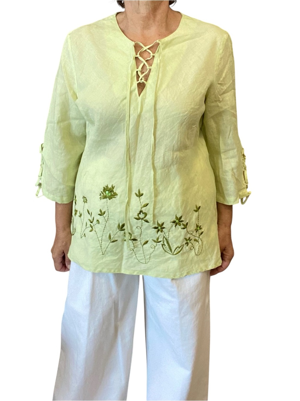100% Linen Lace-Up Light Green Embroidered Top Size XL